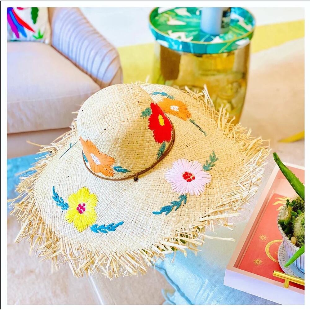 Raffia Straw Sun Hat with Hand EMBROIDERED Flowers & Adjustable Strap